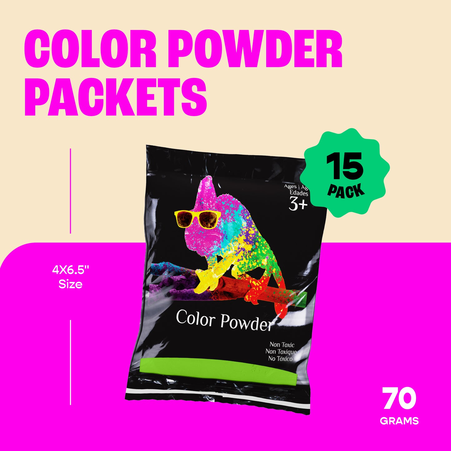 Holi Festival Color Powder - 15 color 15 pack 70g - Yellow, Pink, Green, Purple, Orange, Red, Aquamarine, Magenta, Navy Blue, True Blue, Black, Brown, Grey, White, Teal - Premium