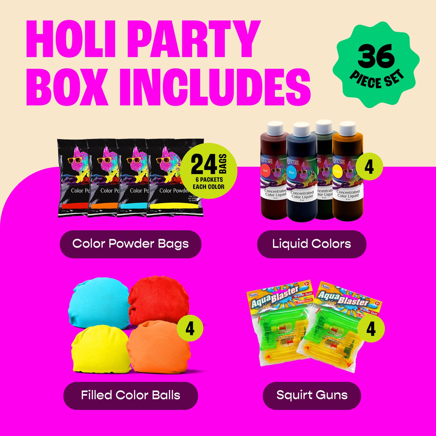 Chameleon Colors - Holi Color Powder Party Box - 36-Piece Color Party Kit