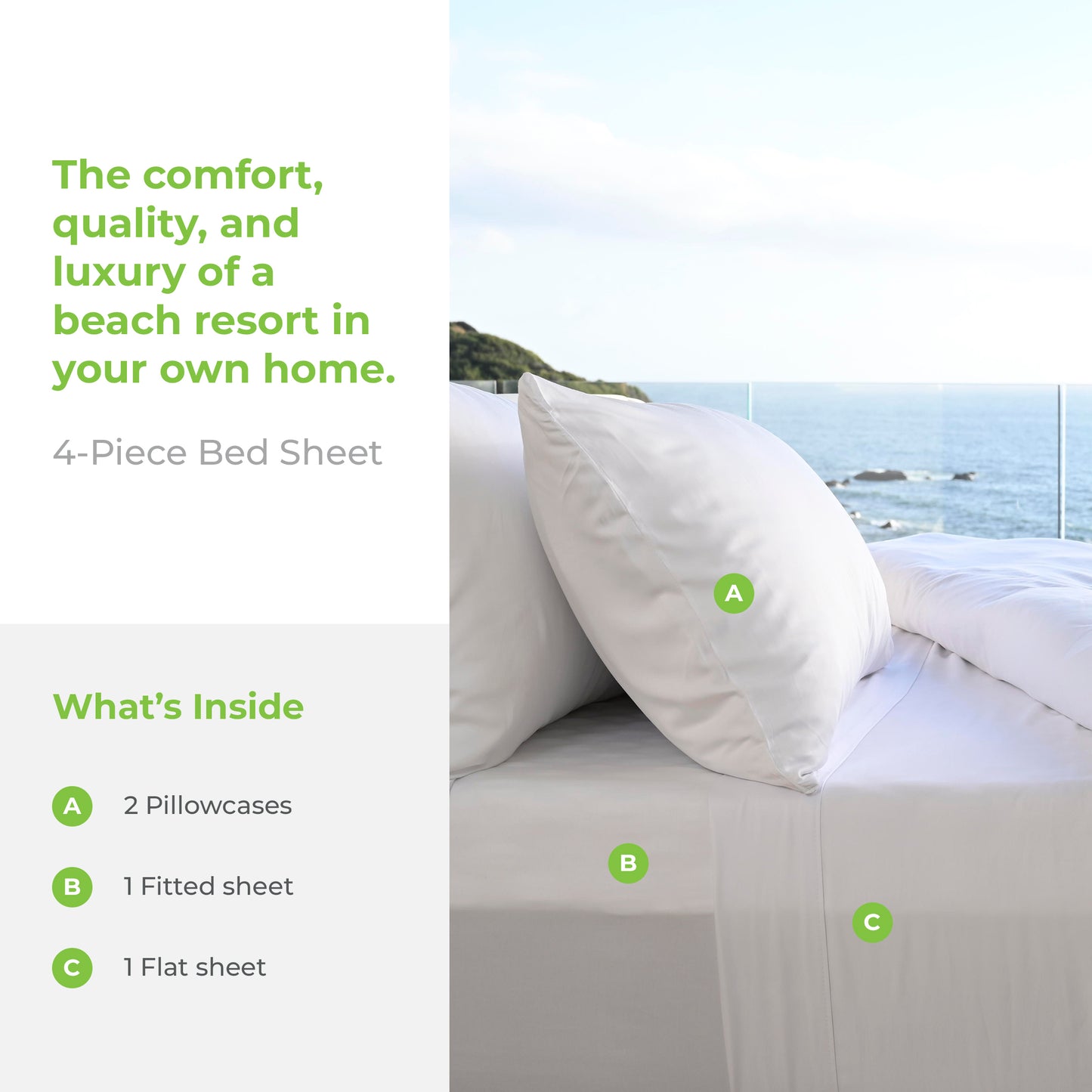 Cariloha Resort Bamboo 4-Piece Bed Sheet Set - Cooling, Odor-Resistant, Eco-Friendly, Hypoallergenic, Soft and Durable - Flat and Fitted Sheets and Two Pillowcases - Queen - White