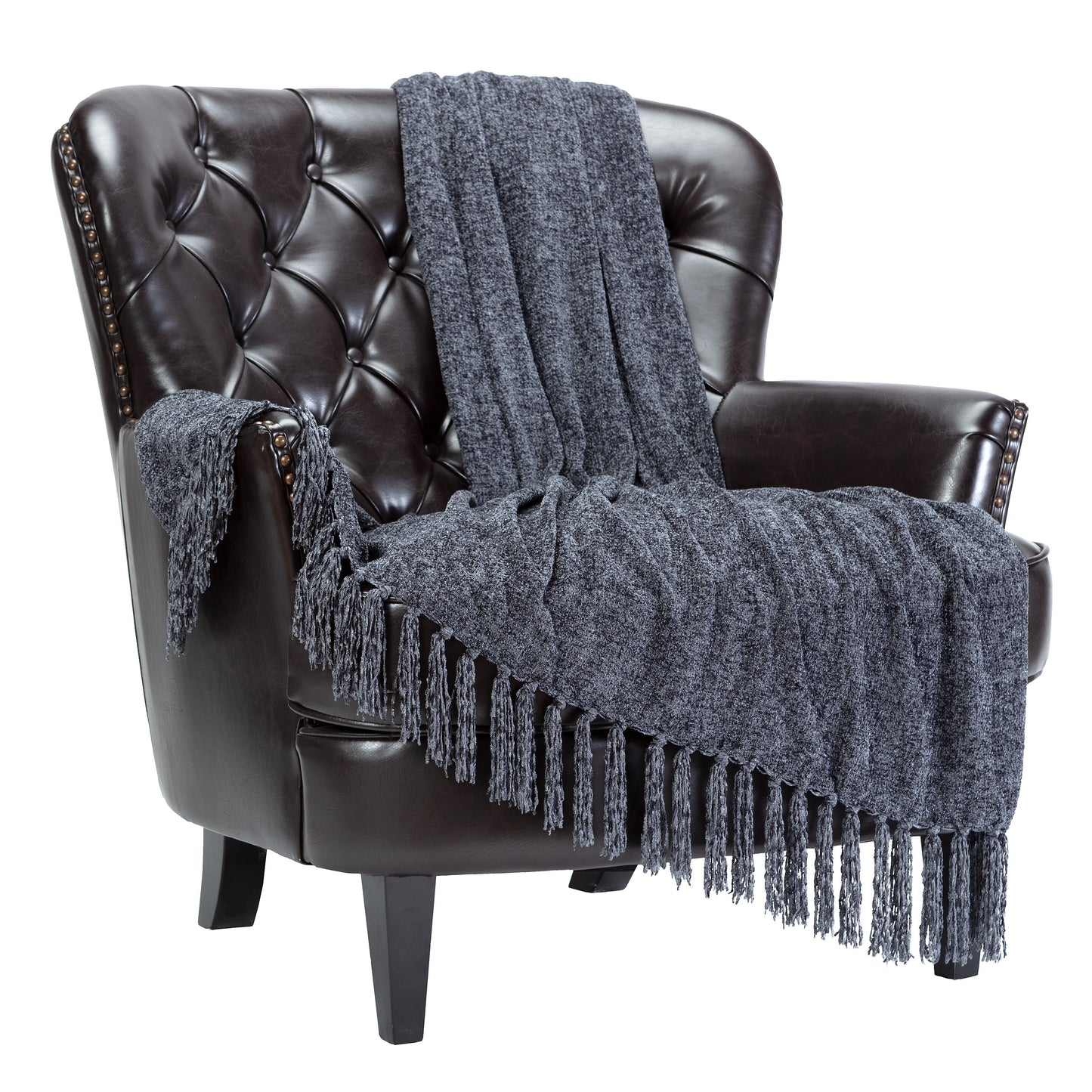 Chanasya Chenille Velvety Texture Decorative Throw Blanket with Tassels - Soft Cozy Elegant with Subtle Shimmer for Sofa Chair Couch Bed Living Room Gray Throw Blanket (50x65 Inches) Dark Shadow