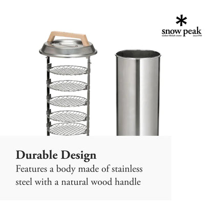 Snow Peak Smokemeister - Stainless Steel with Wood Handle Compact Smoker - 8.5 x 8.5 x 18.5 in