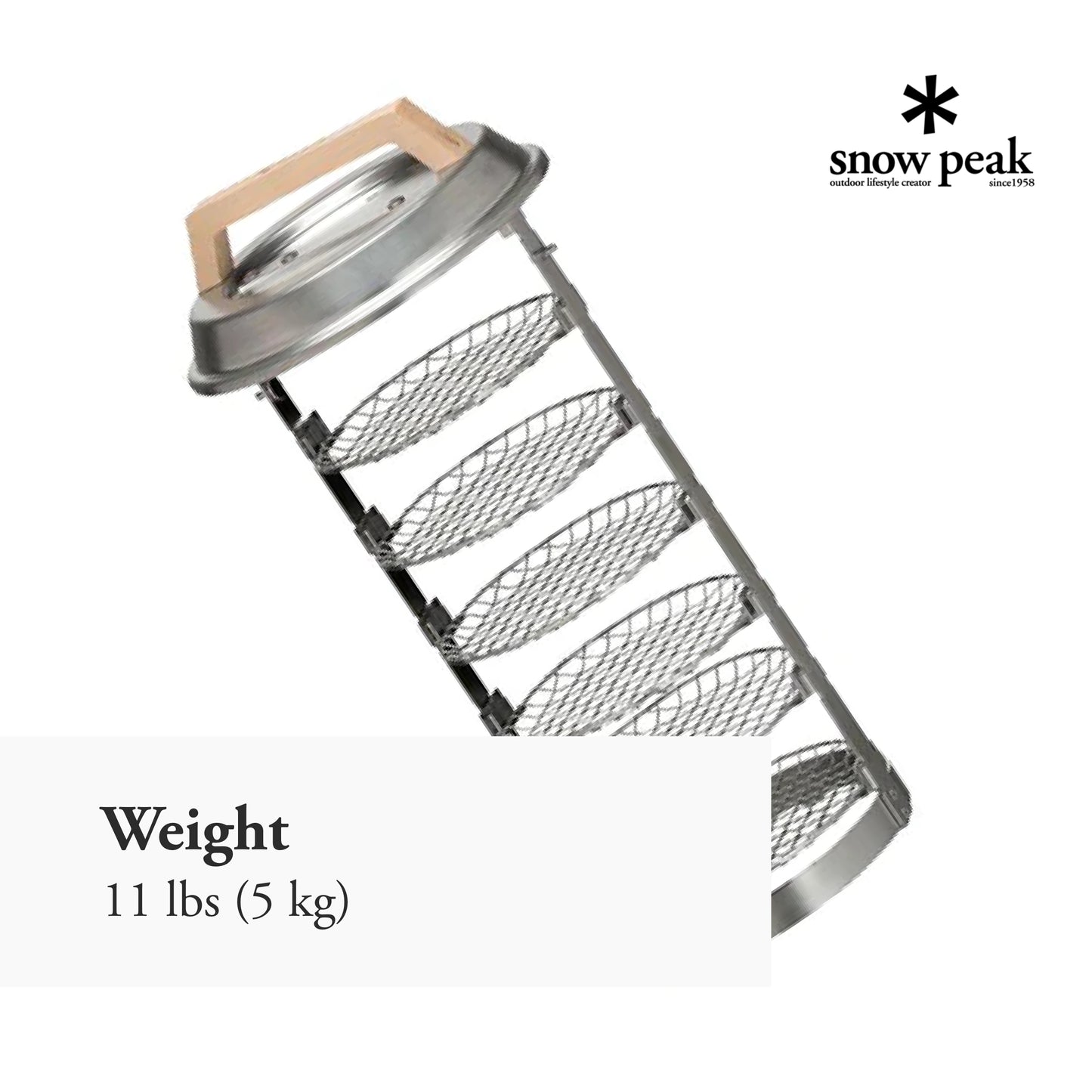 Snow Peak Smokemeister - Stainless Steel with Wood Handle Compact Smoker - 8.5 x 8.5 x 18.5 in