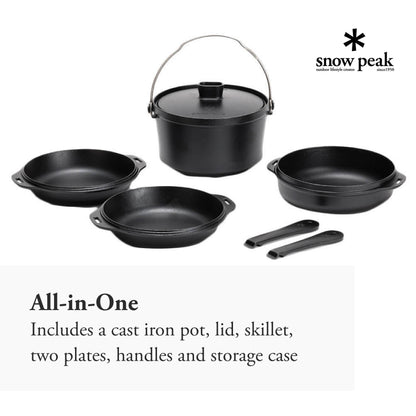 Snow Peak Cast Iron Duo - All-in-One Cook Set - Pot, Lid, Skillet, Plates, Handles, Storage Case