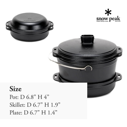 Snow Peak Cast Iron Duo - All-in-One Cook Set - Pot, Lid, Skillet, Plates, Handles, Storage Case