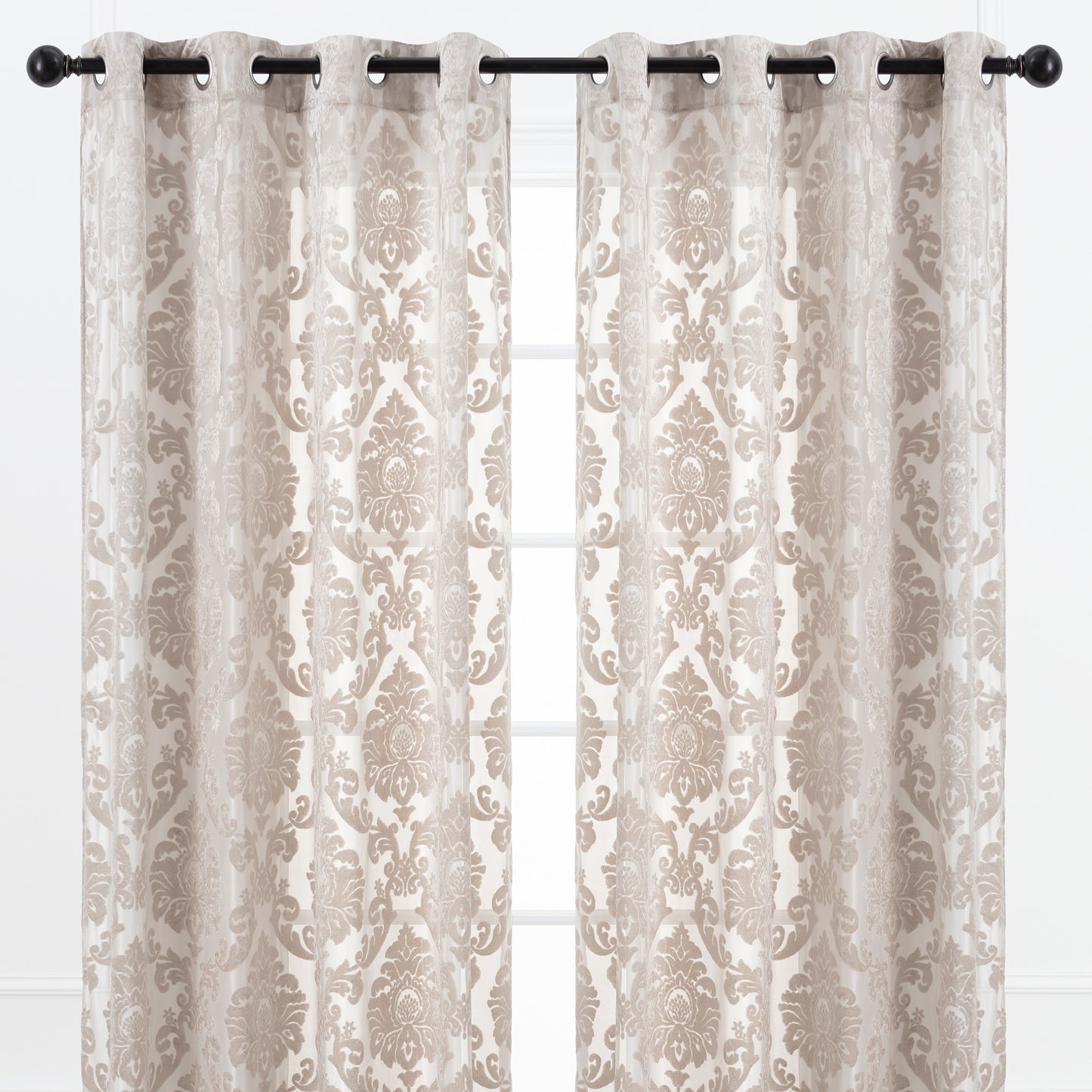 Chanasya Taupe Velvet Sheer Damask Curtains - 63 Inch Panels - Classy Elegant Textured Vintage Grommet Curtain Light Filtering Drapes for Living Room Bedroom Kitchen - Light Filtering 2 Panel Set