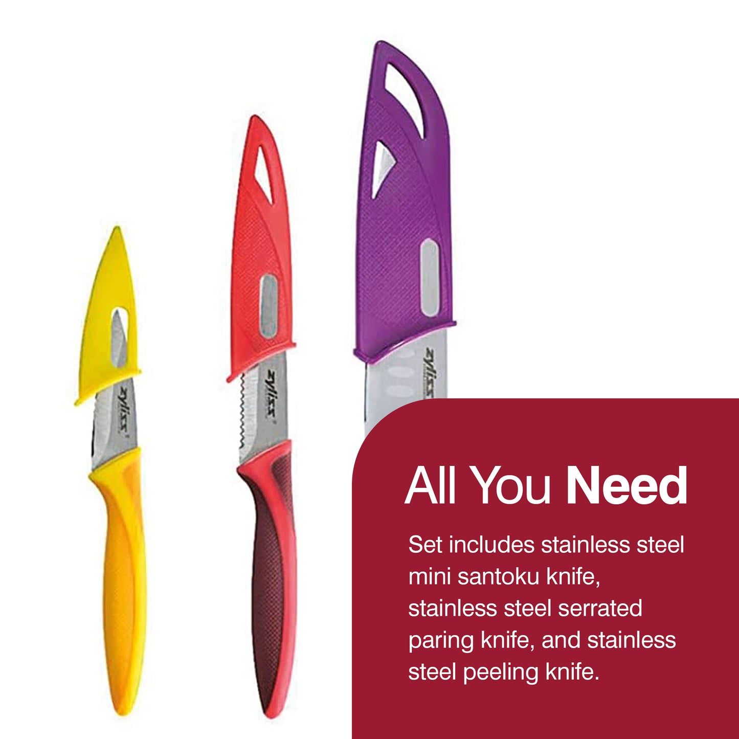 ZYLISS 3-Piece Mini Santoku Knife Set with Sheath Covers, Stainless Steel