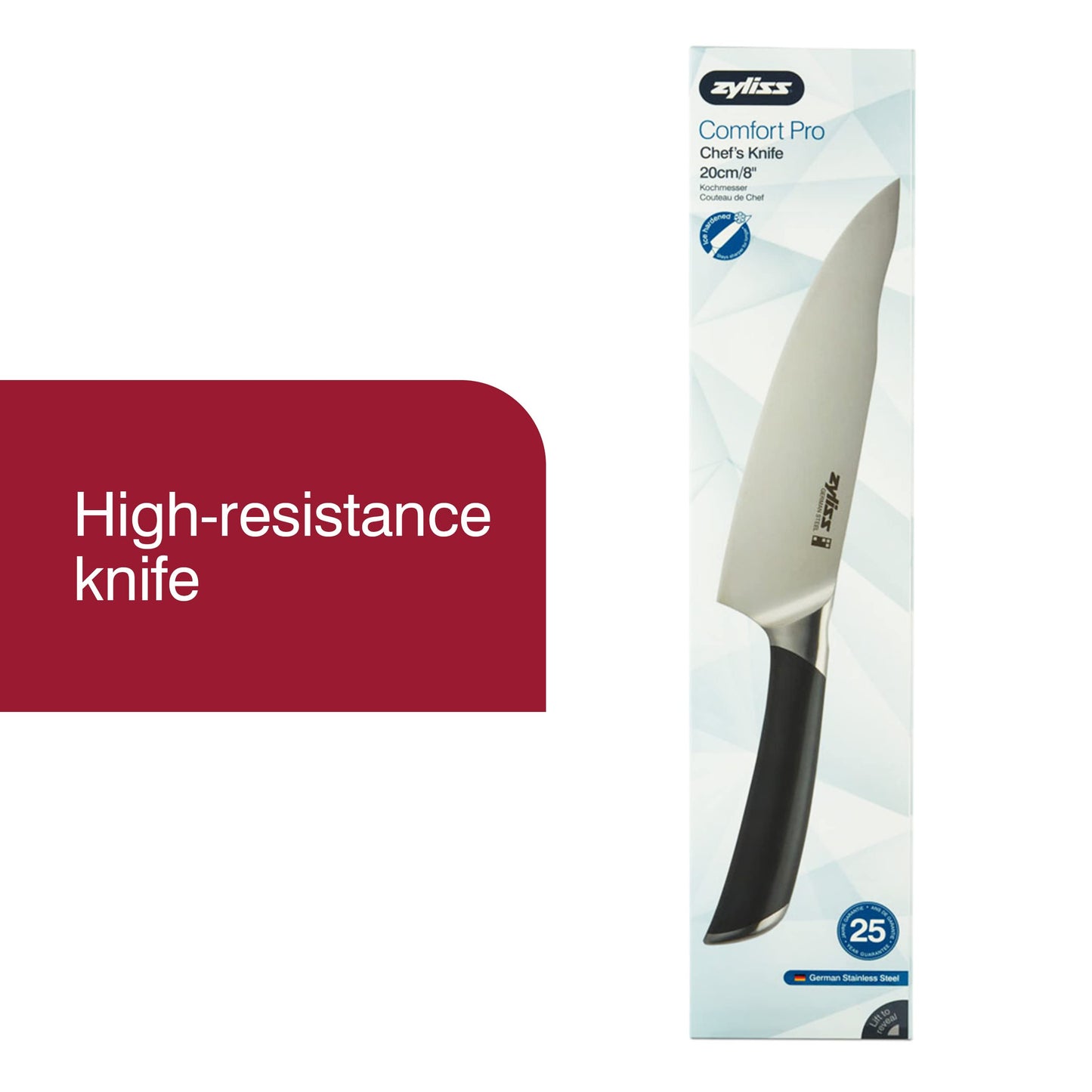 Zyliss Comfort Pro 8" Chef Knife - Ice Hardened German Steel Kitchen Cutlery, Black/Stainless Steel
