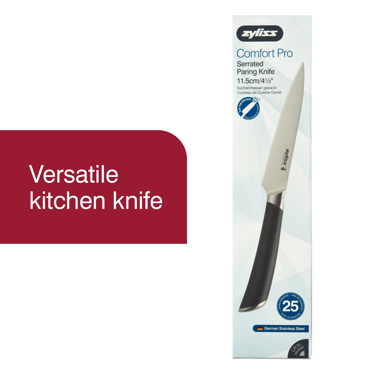 Zyliss Comfort Pro 4.5" Serrated Paring Knife - Ice Hardened German Steel Kitchen Cutlery , Black/Stainless Steel