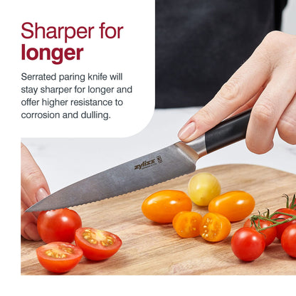 Zyliss Comfort Pro 4.5" Serrated Paring Knife - Ice Hardened German Steel Kitchen Cutlery , Black/Stainless Steel