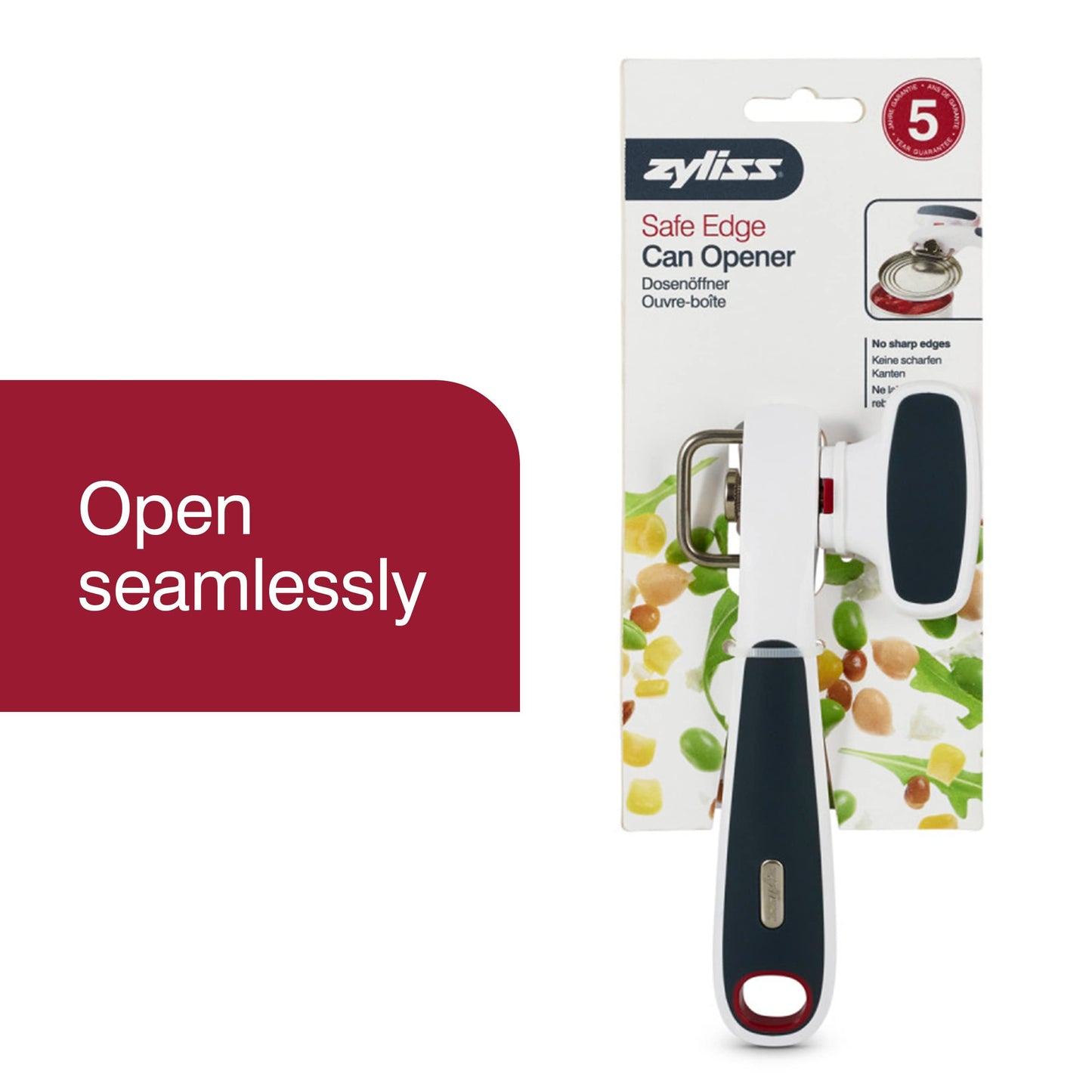 Zyliss Safe Edge Can Opener, Manual - Safely Open Without Sharp Lids - Lock and Unlock Safety - White / Gray