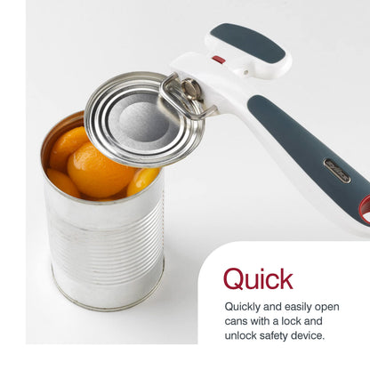 Zyliss Safe Edge Can Opener, Manual - Safely Open Without Sharp Lids - Lock and Unlock Safety - White / Gray