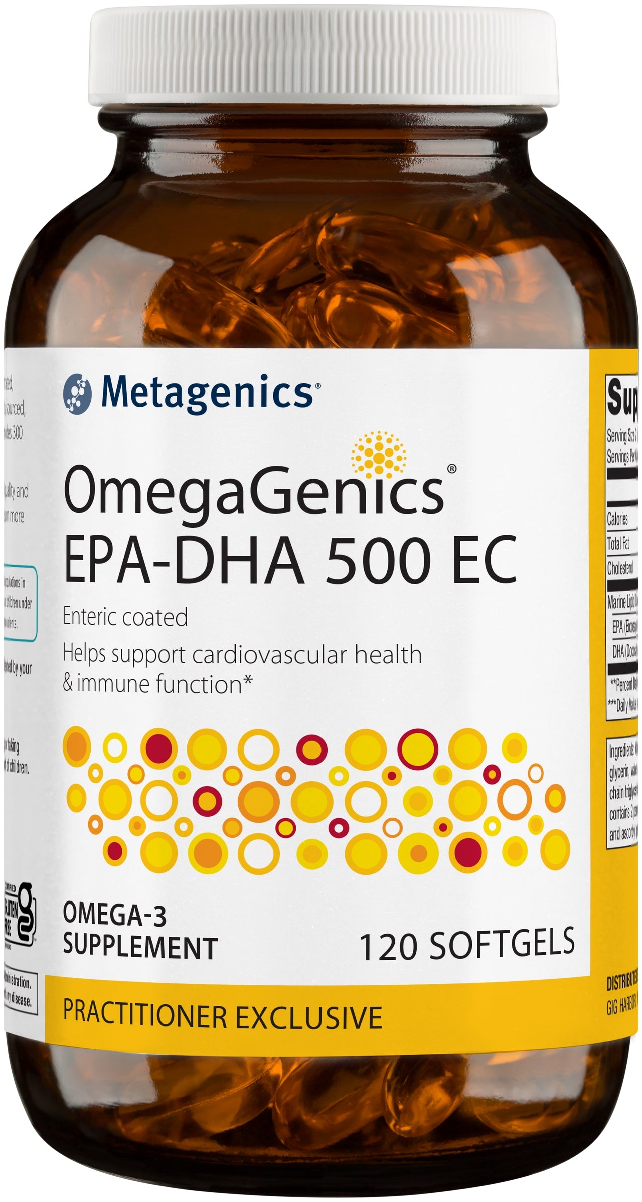 Metagenics OmegaGenics EPA DHA 500 EC Enteric Coated Omega 3 Fish Oil Daily Supplement to Help Support Cardiovascular Health and Immune Function - Lemon Flavor, 120 Count