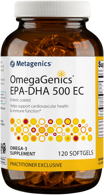 Metagenics OmegaGenics EPA DHA 500 EC Enteric Coated Omega 3 Fish Oil Daily Supplement to Help Support Cardiovascular Health and Immune Function - Lemon Flavor, 120 Count