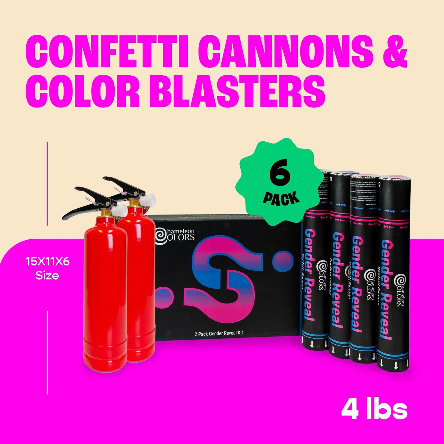 Chameleon Colors Gender Reveal Confetti Cannons and Color Blasters - Includes 2 Pink and 2 Blue Baby Reveal Cannons and 1 Pink and 1 Blue Color Blaster