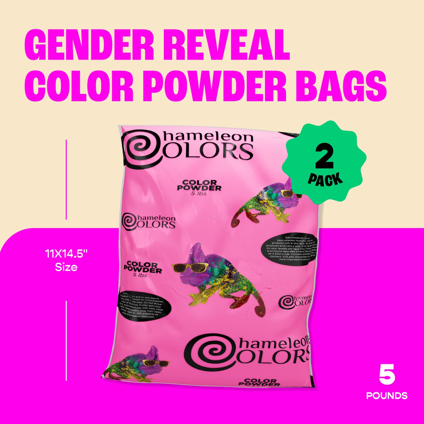 Chameleon Colors Pink Gender Reveal Powder - Easy-Open Bags of Pink Color Chalk Powder for Photography, Baby Girl Gender Reveal, Car Tire Burnout, Birthday Party, Color Fun Run, Holi Festival, and More - 2 Pack of 5 lb. Bags