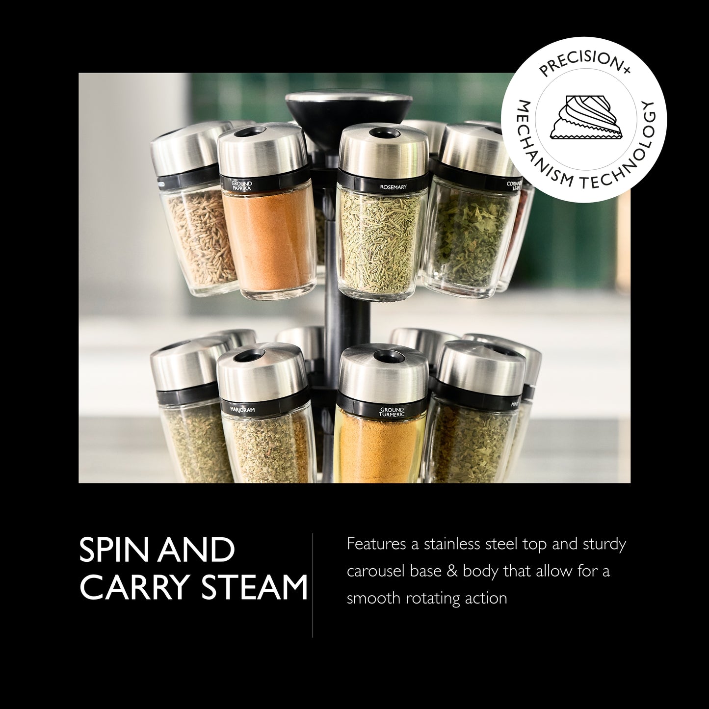 Cole & Mason 16 Jar Herb & Spice Carousel, 10", Black/Stainless Steel