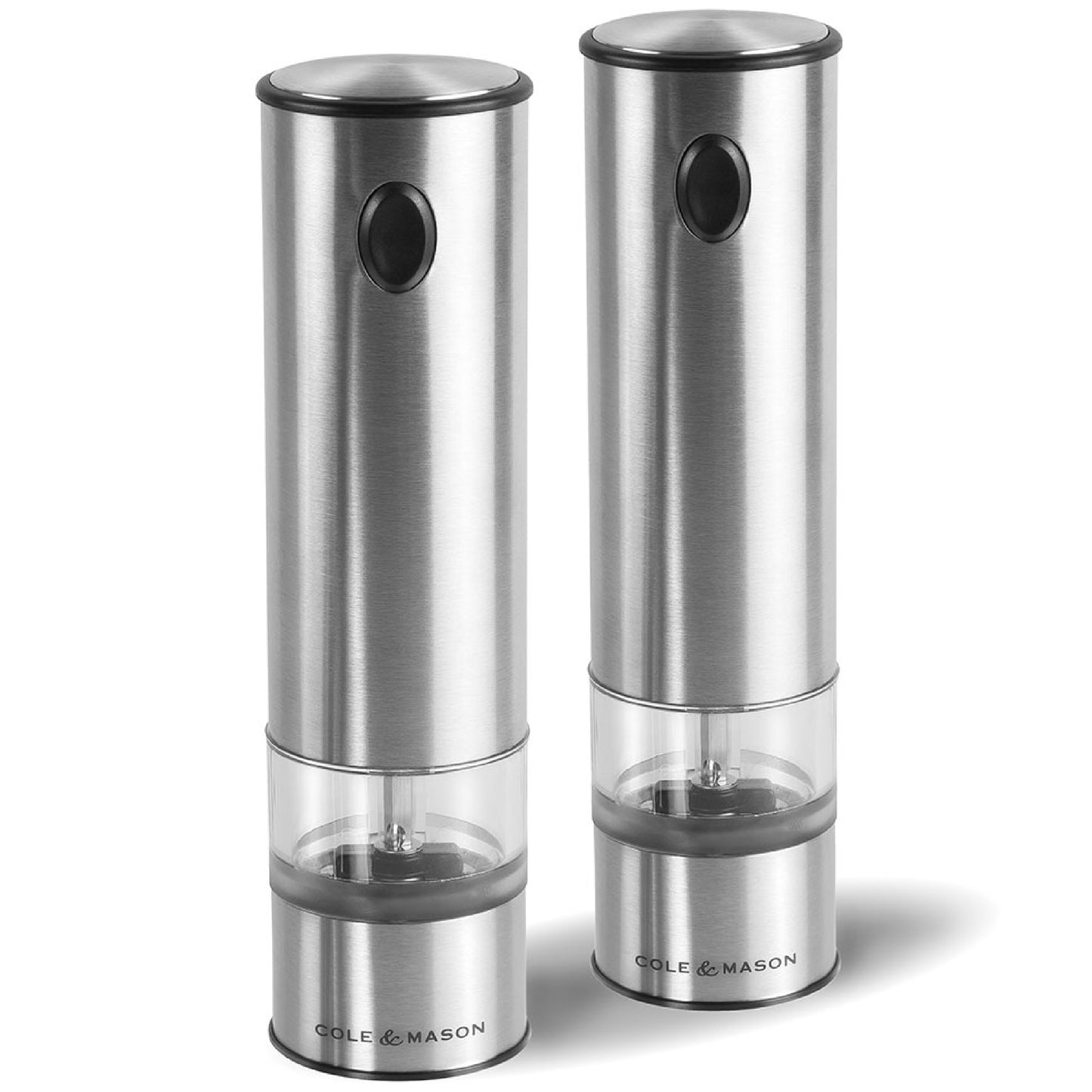 Cole & Mason Battersea Electronic Salt & Pepper Mill Gift Set - One-Button Electric Spice Grinder with Large Grinding Chamber - Adjustable Grind Knob - Electric Kitchen Tool - Stainless Steel