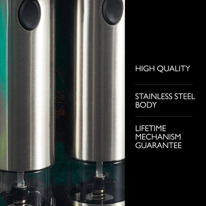 Cole & Mason Battersea Electronic Salt & Pepper Mill Gift Set - One-Button Electric Spice Grinder with Large Grinding Chamber - Adjustable Grind Knob - Electric Kitchen Tool - Stainless Steel