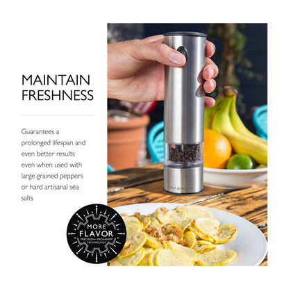Cole & Mason Battersea Electronic Salt & Pepper Mill Gift Set - One-Button Electric Spice Grinder with Large Grinding Chamber - Adjustable Grind Knob - Electric Kitchen Tool - Stainless Steel
