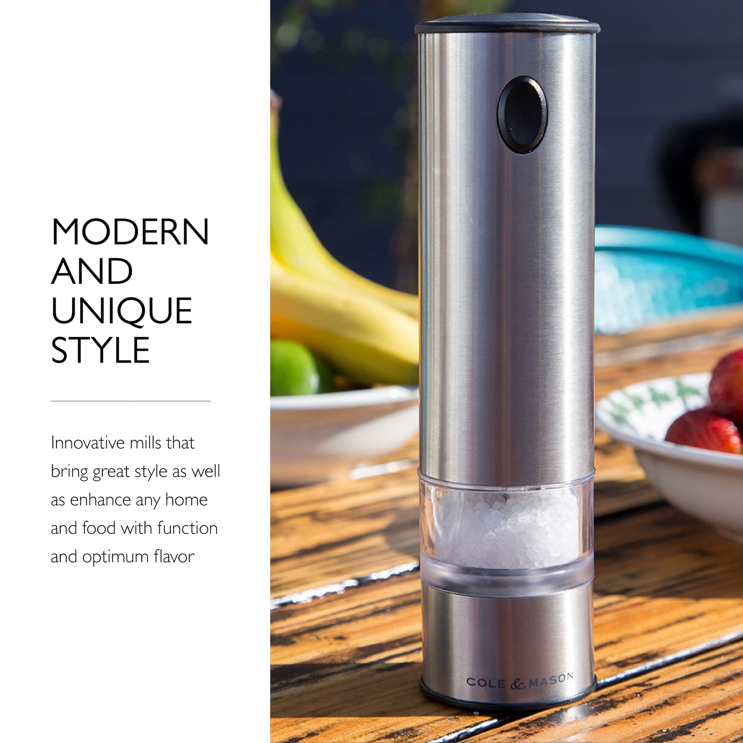 Cole & Mason Battersea Electronic Salt & Pepper Mill Gift Set - One-Button Electric Spice Grinder with Large Grinding Chamber - Adjustable Grind Knob - Electric Kitchen Tool - Stainless Steel