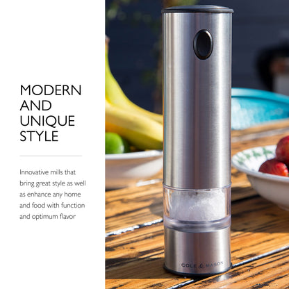 Cole & Mason Battersea Electronic Salt & Pepper Mill Gift Set - One-Button Electric Spice Grinder with Large Grinding Chamber - Adjustable Grind Knob - Electric Kitchen Tool - Stainless Steel