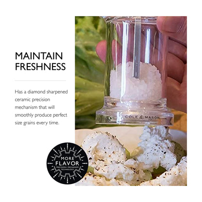 COLE & MASON 505 Salt Grinder - Clear Acrylic Mill Includes Precision Mechanism and Premium Sea Salt