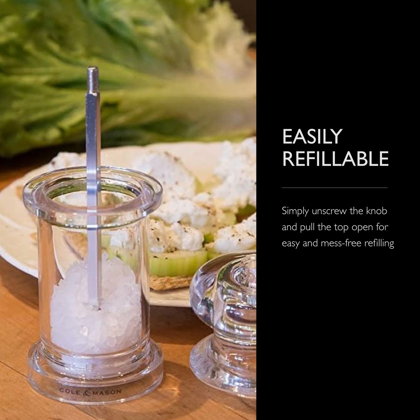 COLE & MASON 505 Salt Grinder - Clear Acrylic Mill Includes Precision Mechanism and Premium Sea Salt