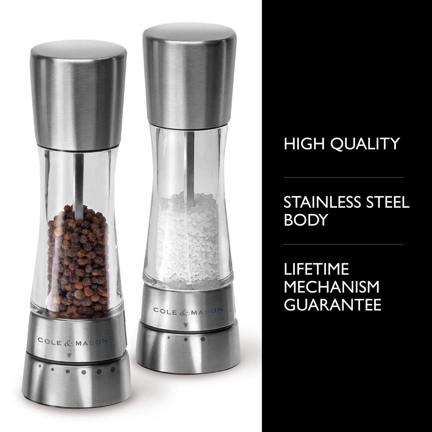COLE & MASON Derwent Salt and Pepper Grinder Set - Stainless Steel Mills Include Gift Box, Gourmet Precision Mechanisms and Premium Sea Salt and Peppercorns