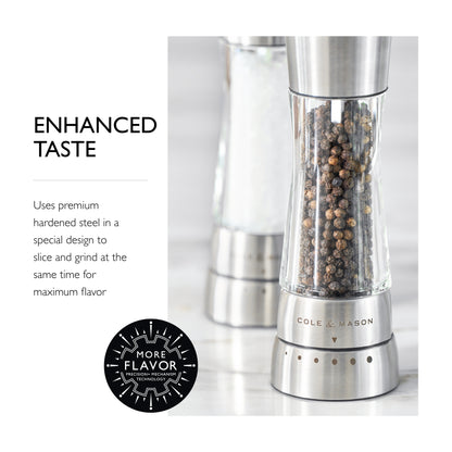 COLE & MASON Derwent Salt and Pepper Grinder Set - Stainless Steel Mills Include Gift Box, Gourmet Precision Mechanisms and Premium Sea Salt and Peppercorns