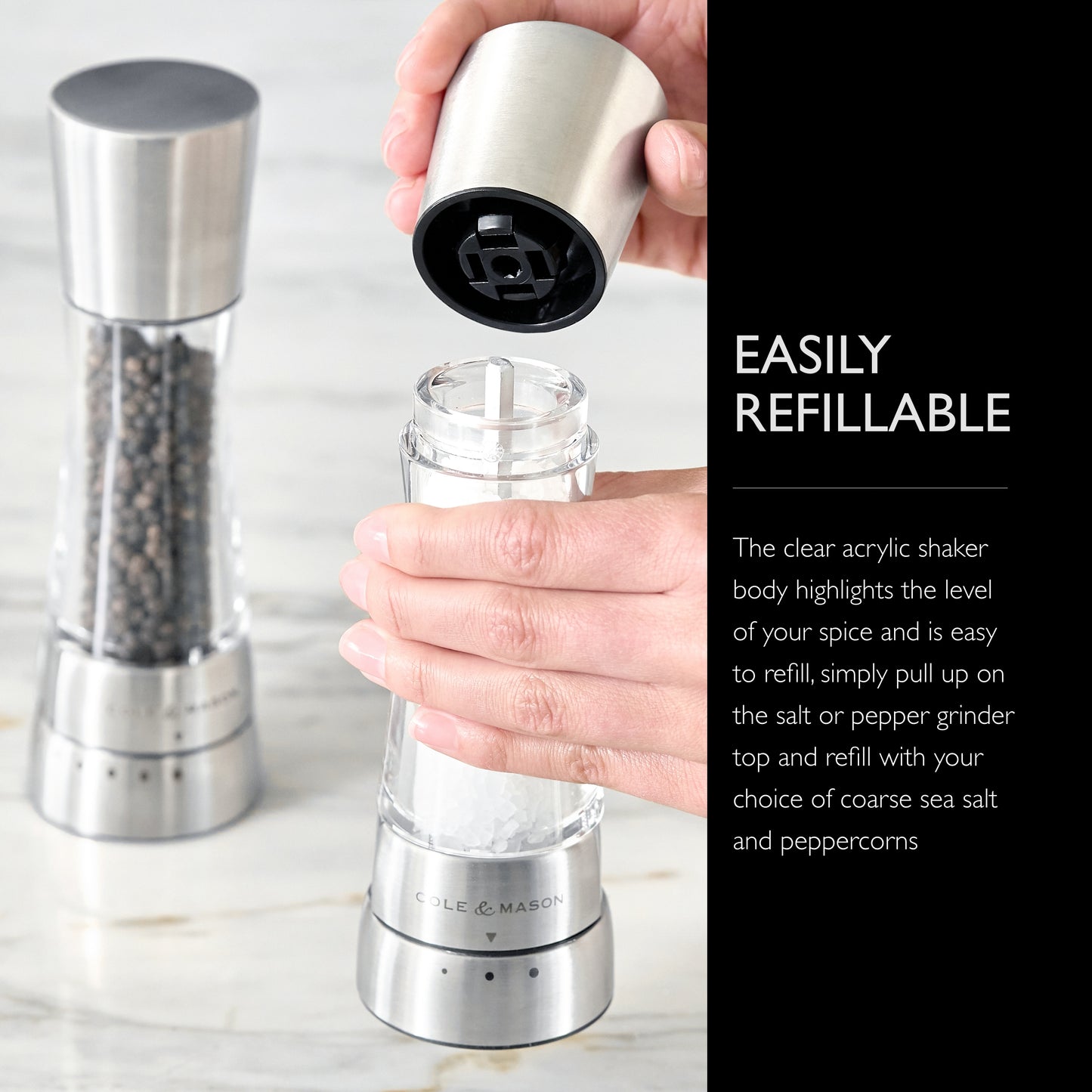 COLE & MASON Derwent Salt and Pepper Grinder Set - Stainless Steel Mills Include Gift Box, Gourmet Precision Mechanisms and Premium Sea Salt and Peppercorns