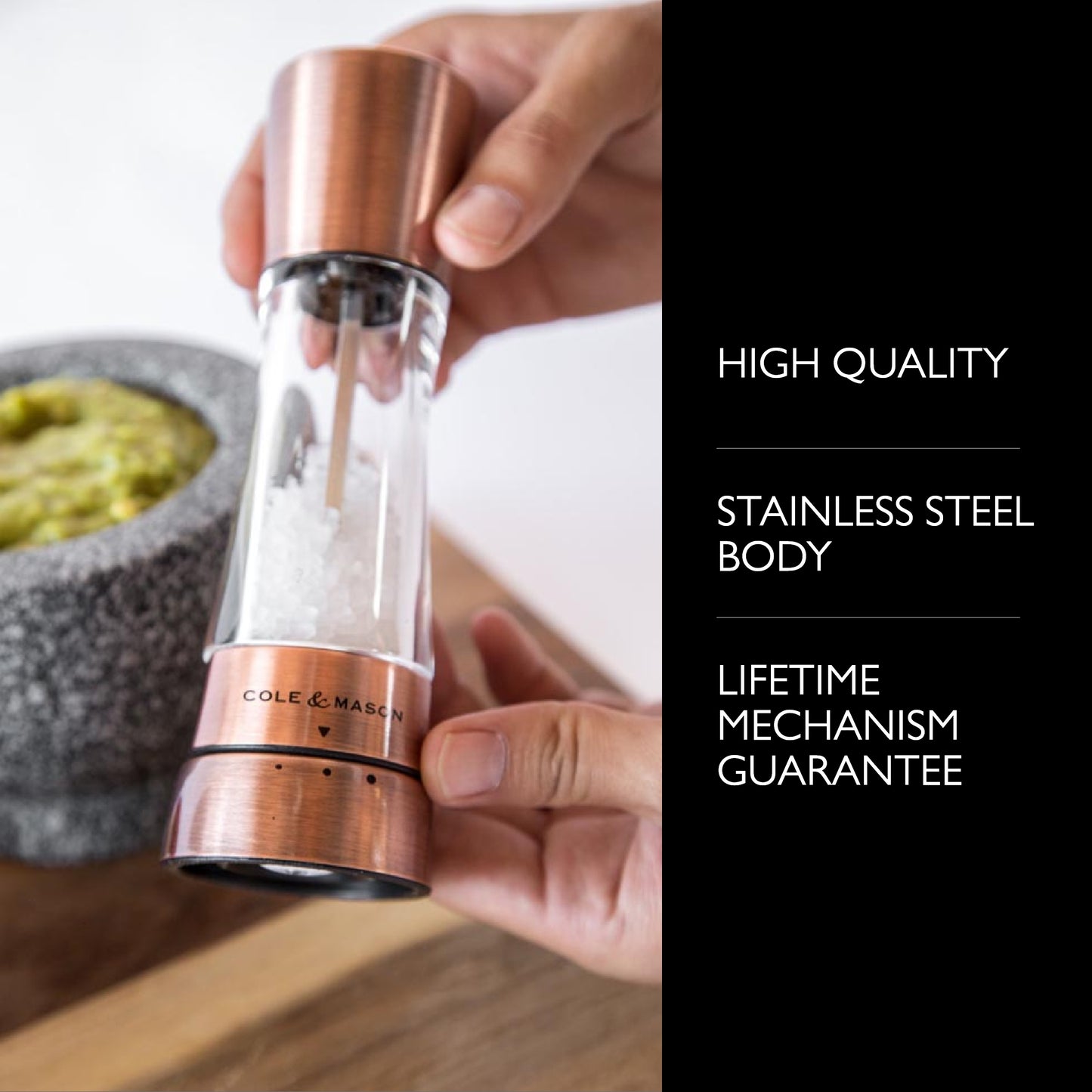 COLE & MASON Derwent Salt Grinder - Copper Mill Includes Gourmet Precision Mechanism and Premium Sea Salt