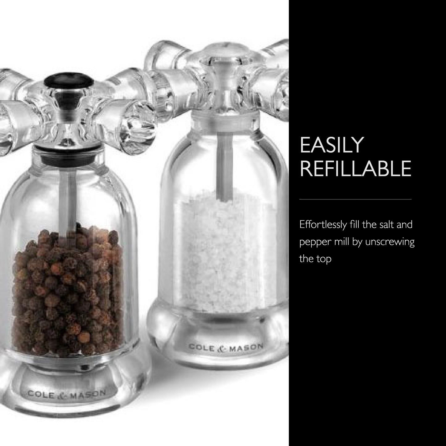 COLE & MASON Tap Salt and Pepper Grinder Set - Acrylic Mills Include Precision Mechanisms and Premium Sea Salt and Peppercorns