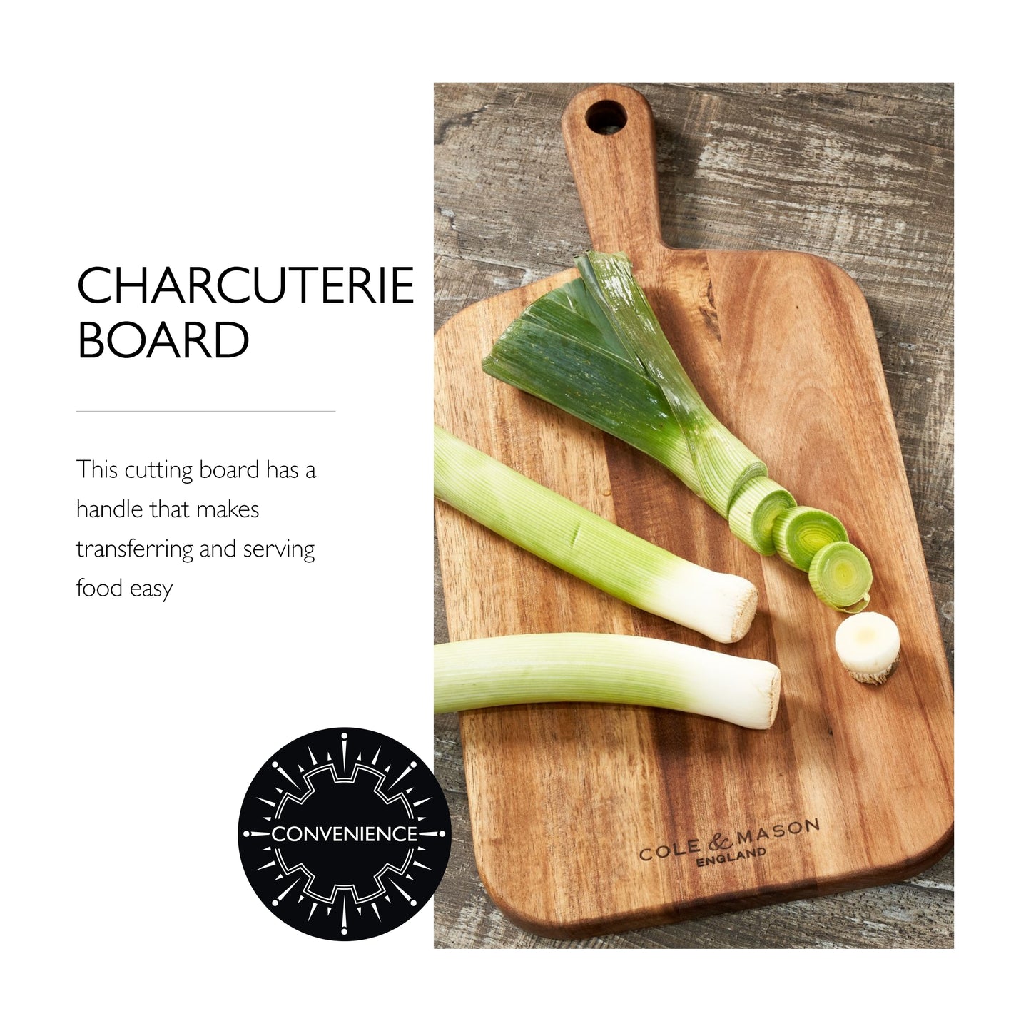Cole & Mason Barkway Small Chopping Board With Handle Acacia Wood Board, Cutting Board, Serving Board 16" x 8"