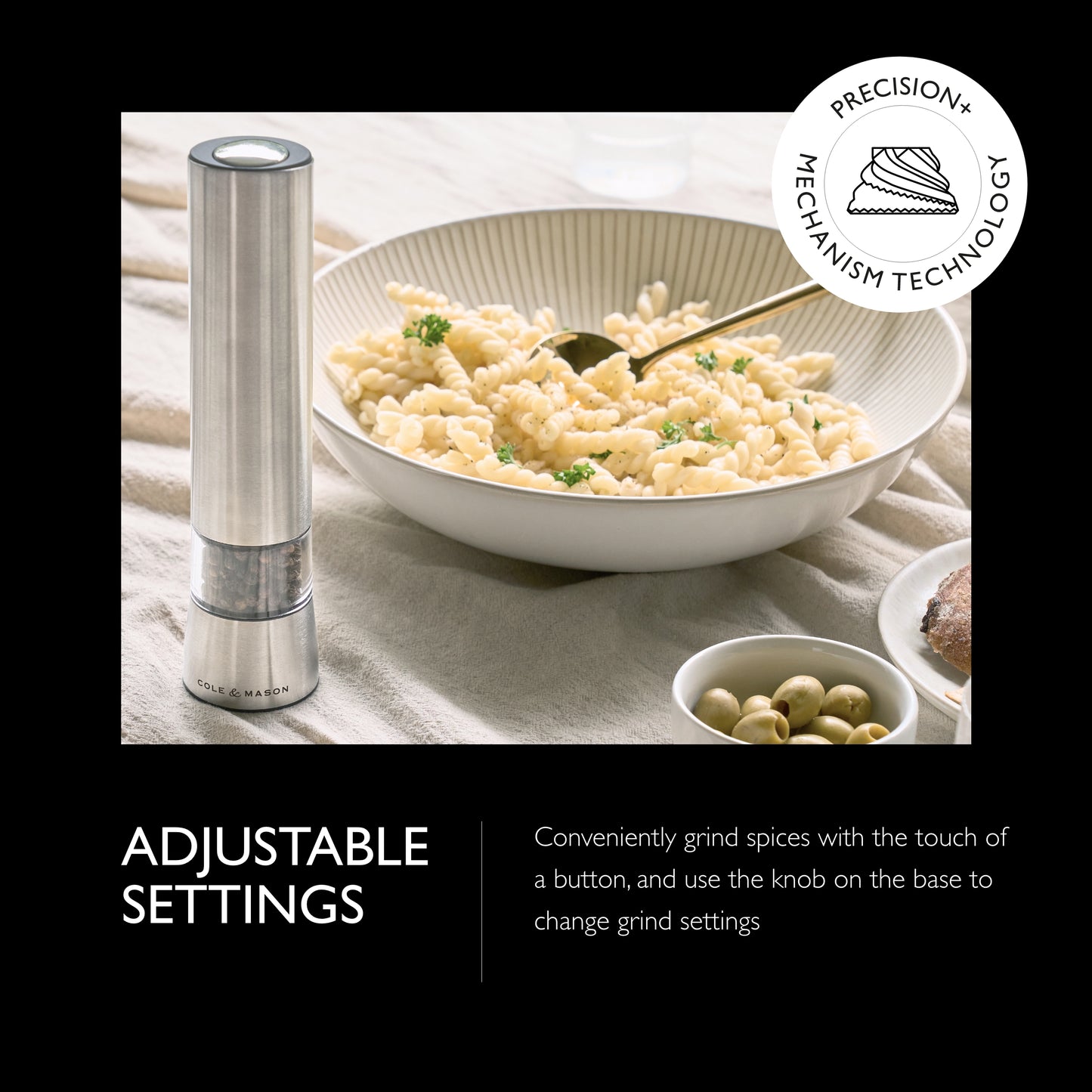 COLE & MASON Hampstead Electric Pepper Grinder with LED Light - Electronic Battery Operated Peppercorn Mill, Stainless Steel