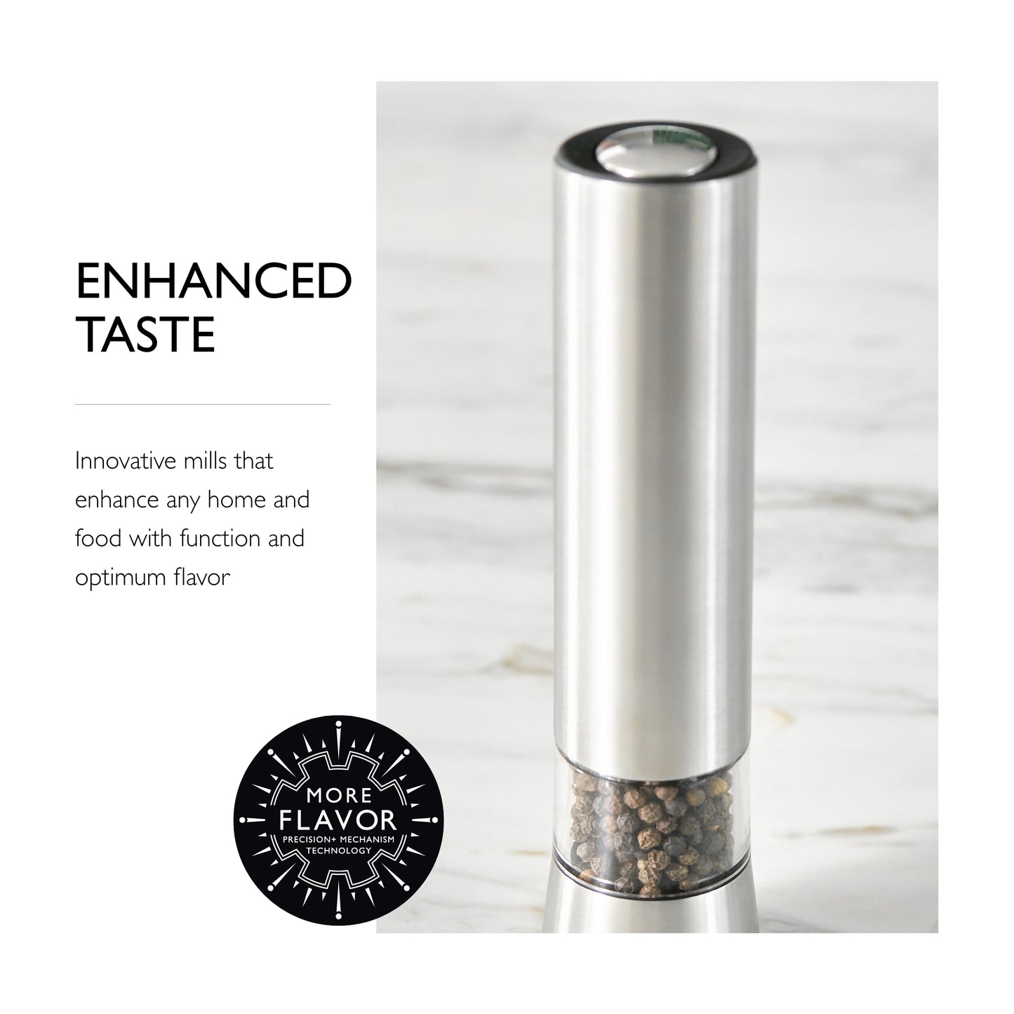 COLE & MASON Hampstead Electric Pepper Grinder with LED Light - Electronic Battery Operated Peppercorn Mill, Stainless Steel