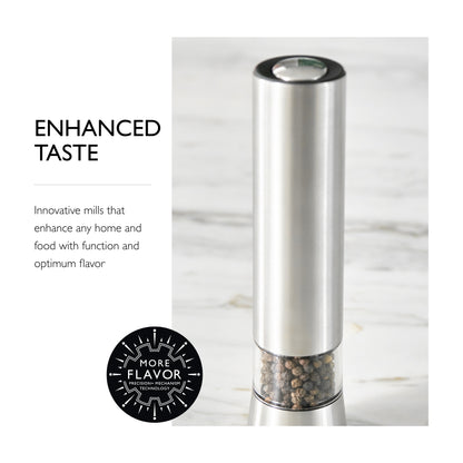 COLE & MASON Hampstead Electric Pepper Grinder with LED Light - Electronic Battery Operated Peppercorn Mill, Stainless Steel