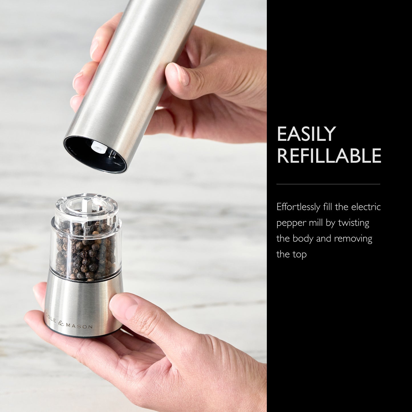 COLE & MASON Hampstead Electric Pepper Grinder with LED Light - Electronic Battery Operated Peppercorn Mill, Stainless Steel