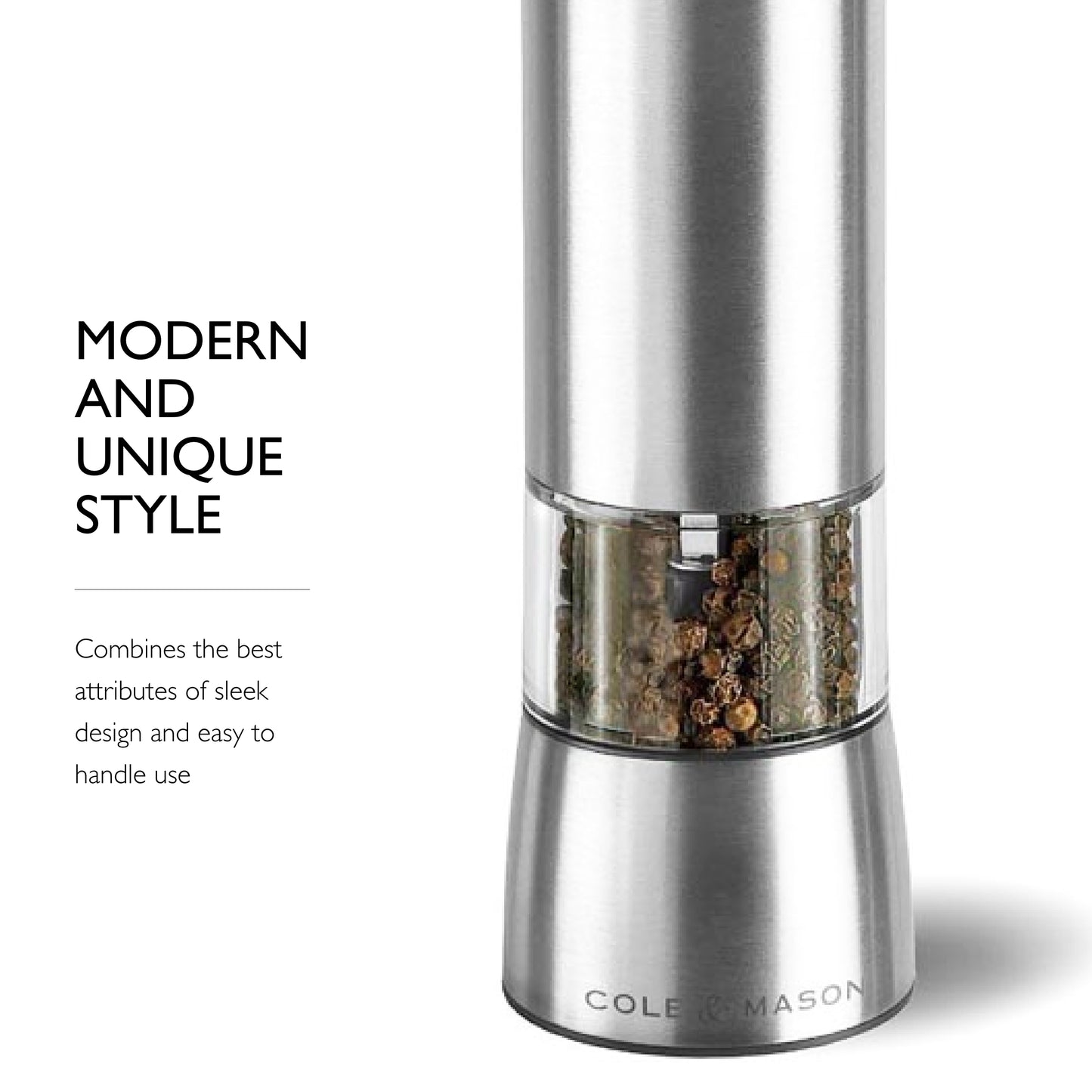 COLE & MASON Hampstead Electric Pepper Grinder with LED Light - Electronic Battery Operated Peppercorn Mill, Stainless Steel