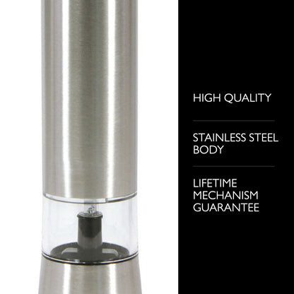 COLE & MASON Hampstead Electric Salt Grinder with LED Light - Electronic Battery Operated Mill, Stainless Steel