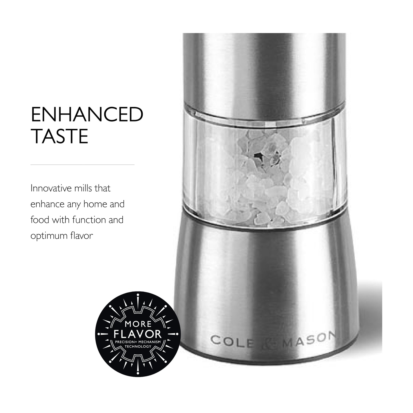 COLE & MASON Hampstead Electric Salt Grinder with LED Light - Electronic Battery Operated Mill, Stainless Steel