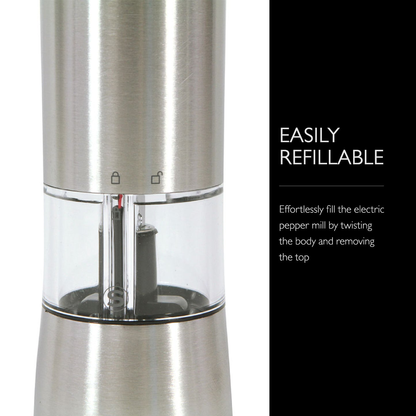COLE & MASON Hampstead Electric Salt Grinder with LED Light - Electronic Battery Operated Mill, Stainless Steel