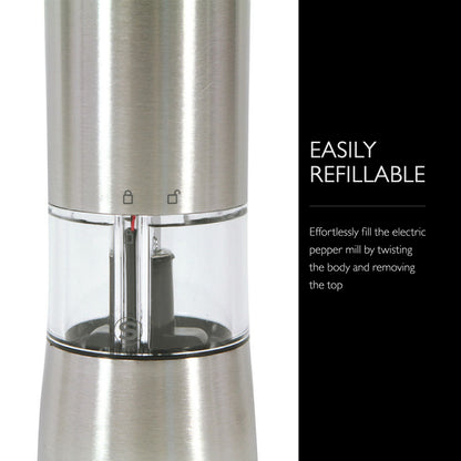 COLE & MASON Hampstead Electric Salt Grinder with LED Light - Electronic Battery Operated Mill, Stainless Steel