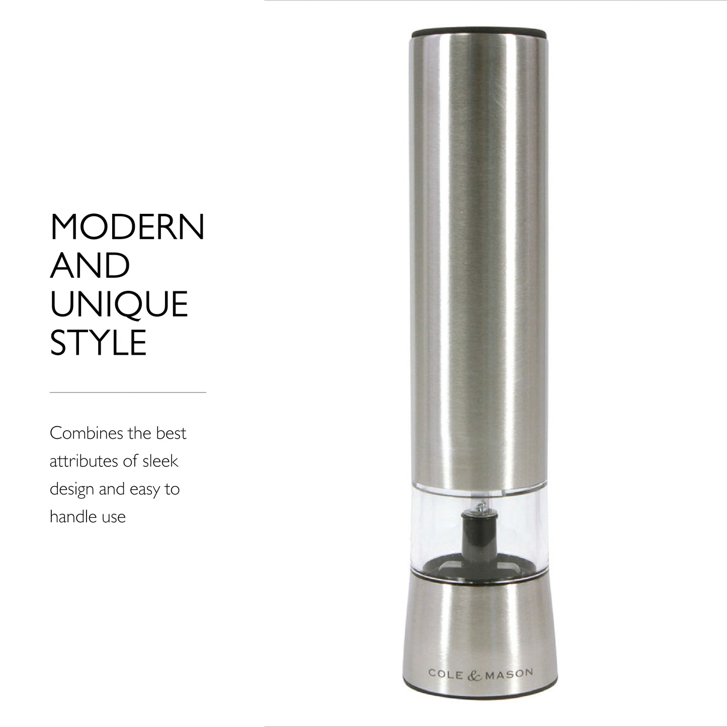 COLE & MASON Hampstead Electric Salt Grinder with LED Light - Electronic Battery Operated Mill, Stainless Steel