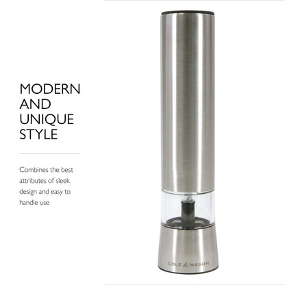 COLE & MASON Hampstead Electric Salt Grinder with LED Light - Electronic Battery Operated Mill, Stainless Steel