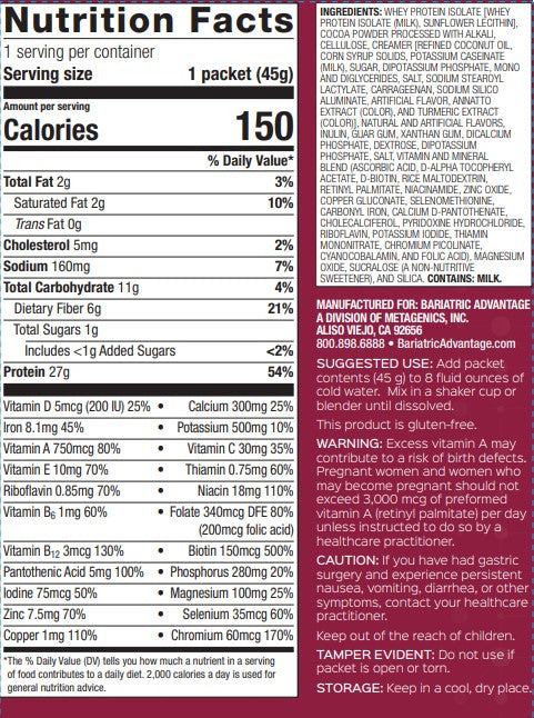 Bariatric Advantage High Protein Meal Replacement Drink Mix, Protein Powder Whey Isolate for Gastric Bypass and Sleeve Gastrectomy Patients, 27g Protein, Lactose Free - Chocolate, 28 Servings
