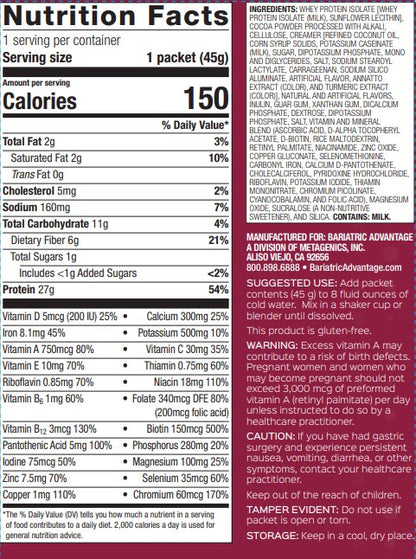 Bariatric Advantage High Protein Meal Replacement Drink Mix, Protein Powder Whey Isolate for Gastric Bypass and Sleeve Gastrectomy Patients, 27g Protein, Lactose Free - Chocolate, 28 Servings