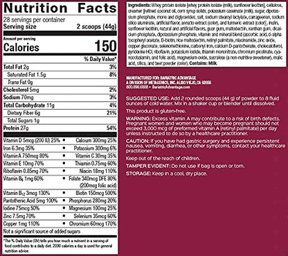 Bariatric Advantage High Protein Meal Replacement Drink Mix, Protein Powder Whey Isolate for Gastric Bypass and Sleeve Gastrectomy Patients, 27g Protein, Lactose Free - Strawberry, 28 Servings
