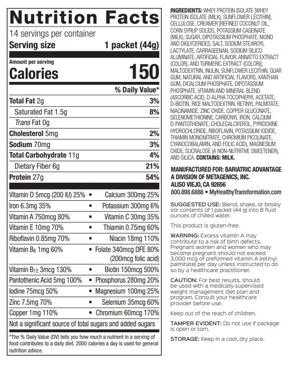 Bariatric Advantage High Protein Meal Replacement Drink Mix, Protein Powder Whey Isolate for Gastric Bypass and Sleeve Gastrectomy Patients, 27g Protein, Lactose Free - Vanilla, 28 Servings
