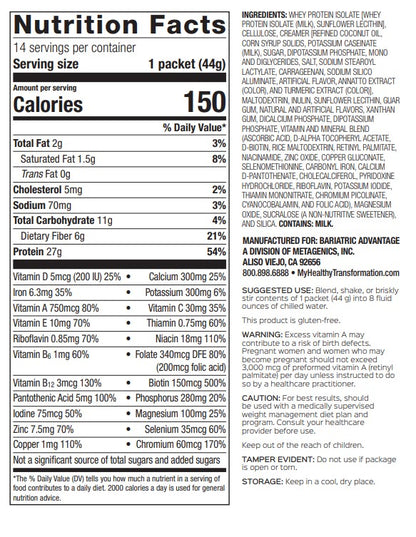 Bariatric Advantage High Protein Meal Replacement Drink Mix, Protein Powder Whey Isolate for Gastric Bypass and Sleeve Gastrectomy Patients, 27g Protein, Lactose Free - Vanilla, 28 Servings
