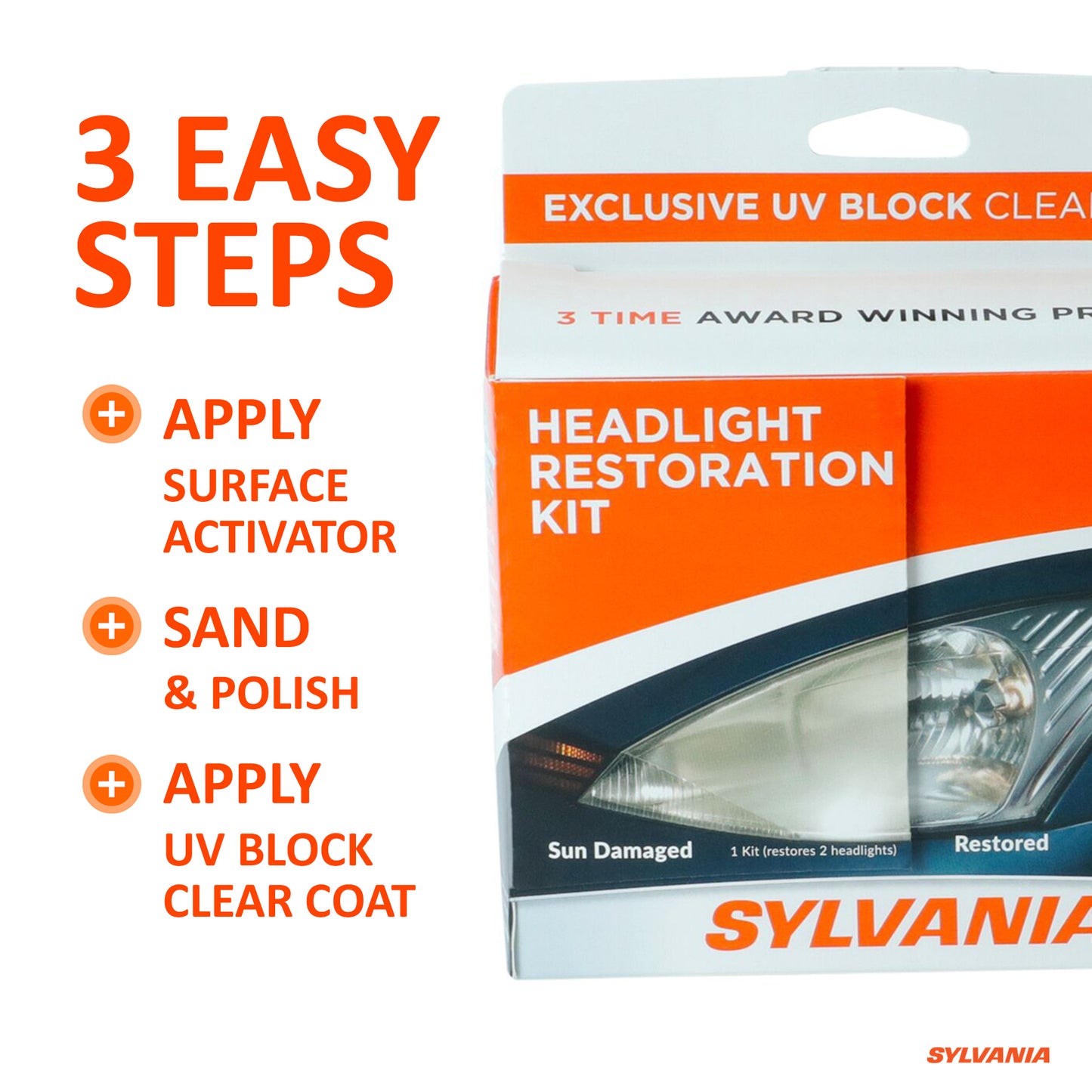 SYLVANIA - Headlight Restoration Kit - 3 Easy Steps to Restore Sun Damaged Headlights with Exclusive UV Block Clear Coat, Light Output and Beam Pattern Restored, Long Lasting Protection